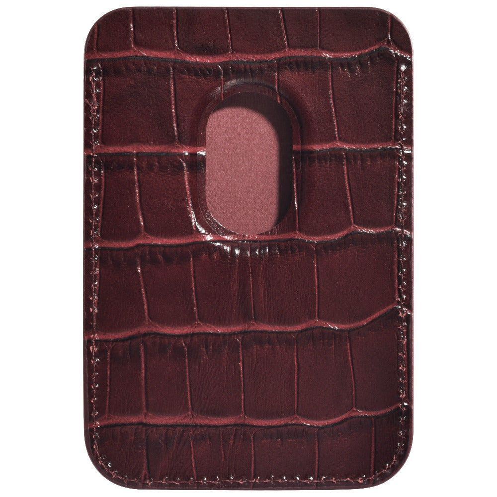 Cherry red croc leather magnetic phone wallet showing magnetic attachment ring