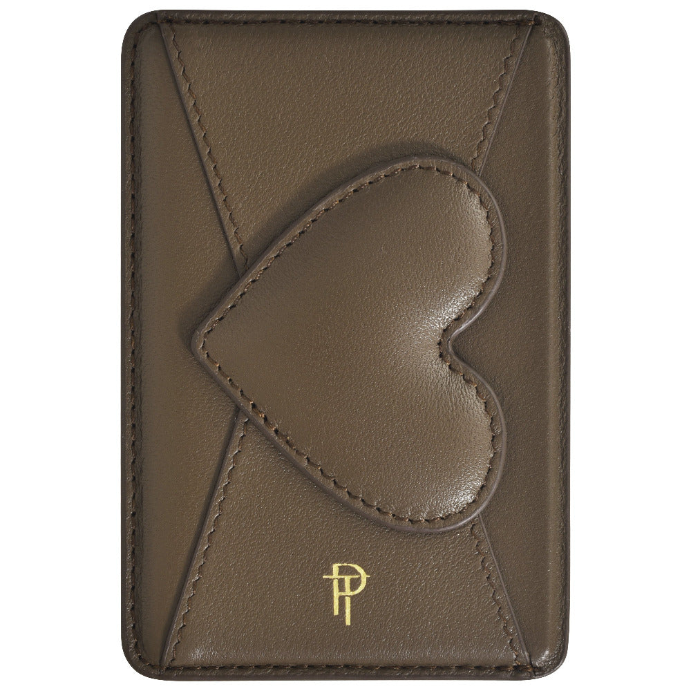 Brown leather heart flap magnetic phone wallet with gold logo, front view