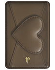 Brown leather heart flap magnetic phone wallet with gold logo, front view