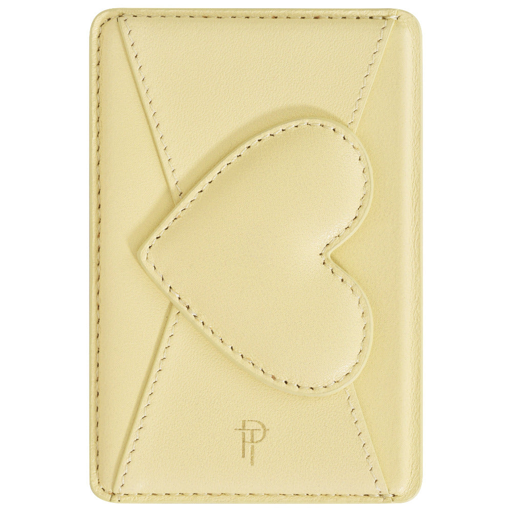 Ivory leather heart flap magnetic phone wallet, quilted front view