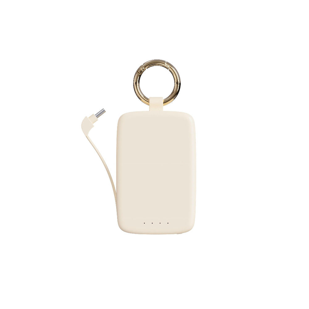 Ivory Keychain Power Bank with built-in charging cable pulled out and gold-tone key ring