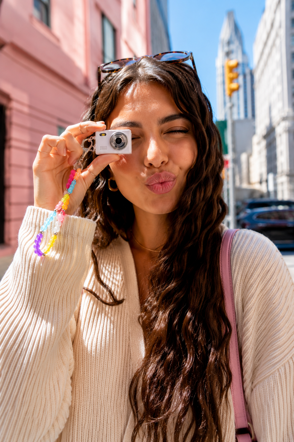 Woman holding mini digital camera with beaded lanyard wristlet outdoors